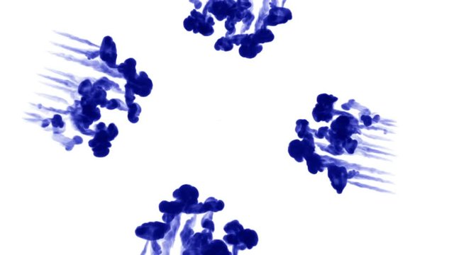 blue ink dissolves in water on white background with luma matte. 3d render of computer simulation. Inks inject in water. many streams 1