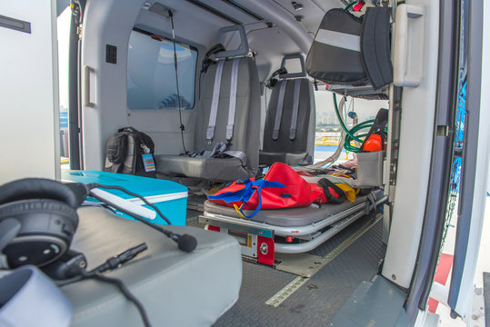 inside of medical helicopter with emergency life support equipment