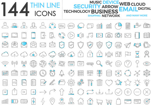 Black and blue business thin line icons set on white background