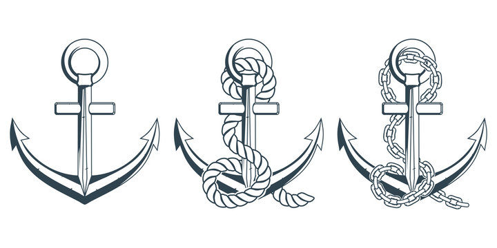 Set of different anchors for marine design. Illustration of a ship's anchor with a rope. Vector graphics to design.
