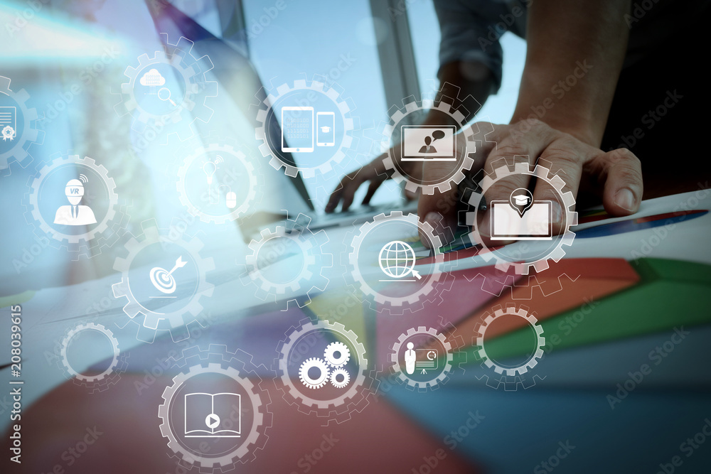 Aufkleber business documents on office table with smart phone and digital tablet and graph business diagram an