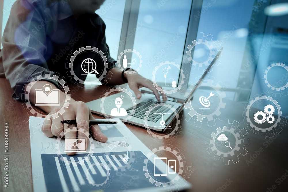 Aufkleber business documents on office table with smart phone and digital tablet and graph business diagram an