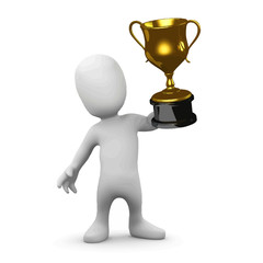 Vector 3d Little man holds up a gold cup