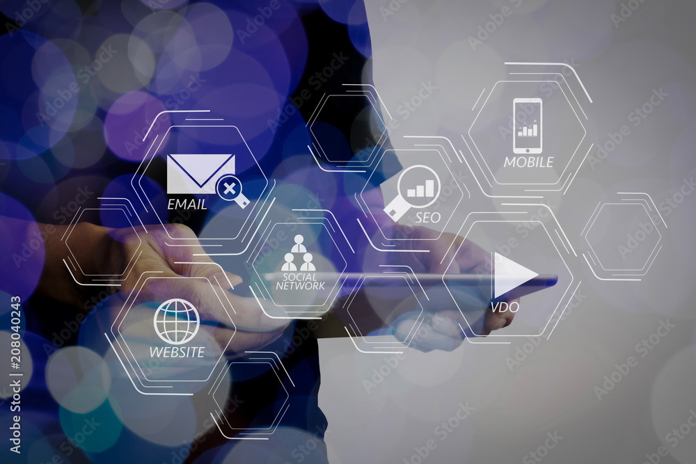 Aufkleber Double exposure of businessman hand using Tablet computer with colour cloud concept