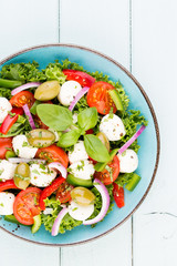 Vegetable salad with cheese mozzarella, tomatoes, basilikum and spice.