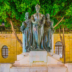 Night view of the great siege monument in Valletta, Malta