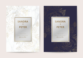 Luxury wedding invitation cards with gold marble texture and rose flower geometric pattern vector design template