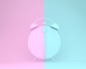 Creative layout made of spoon and fork on round plate in a form of alarm clock on pink and blue pastel background. minimal idea business concept.