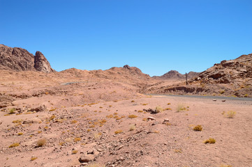 desert landscape, mountains of red sandstone, a plain covered with rare desert vegetation, a stretch of road with telegraph poles against the background of a cloudless blue sky