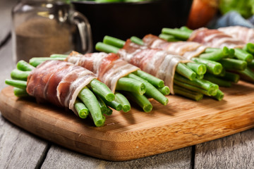 Green bean wrapped in smoked bacon