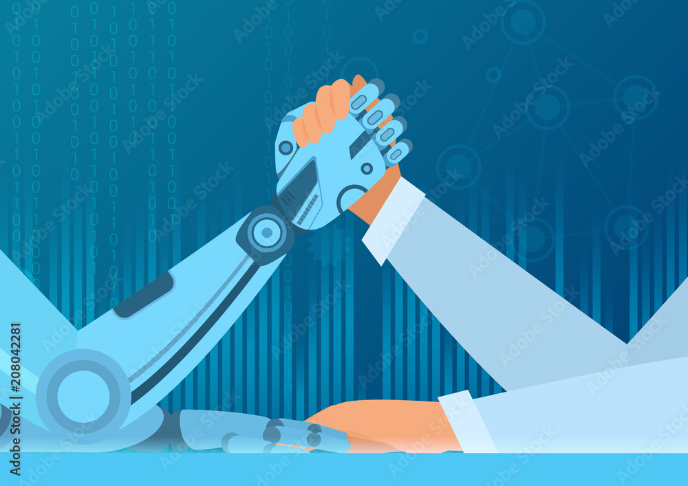 Aufkleber Human arm wrestling with robot. The struggle of man vs robot. Artificial Intelligence vector illustration concept.