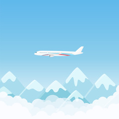Flat simple travel banner with aircraft with mountains in clouds vector illustration.
