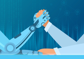 Human arm wrestling with robot. The struggle of man vs robot. Artificial Intelligence vector illustration concept.