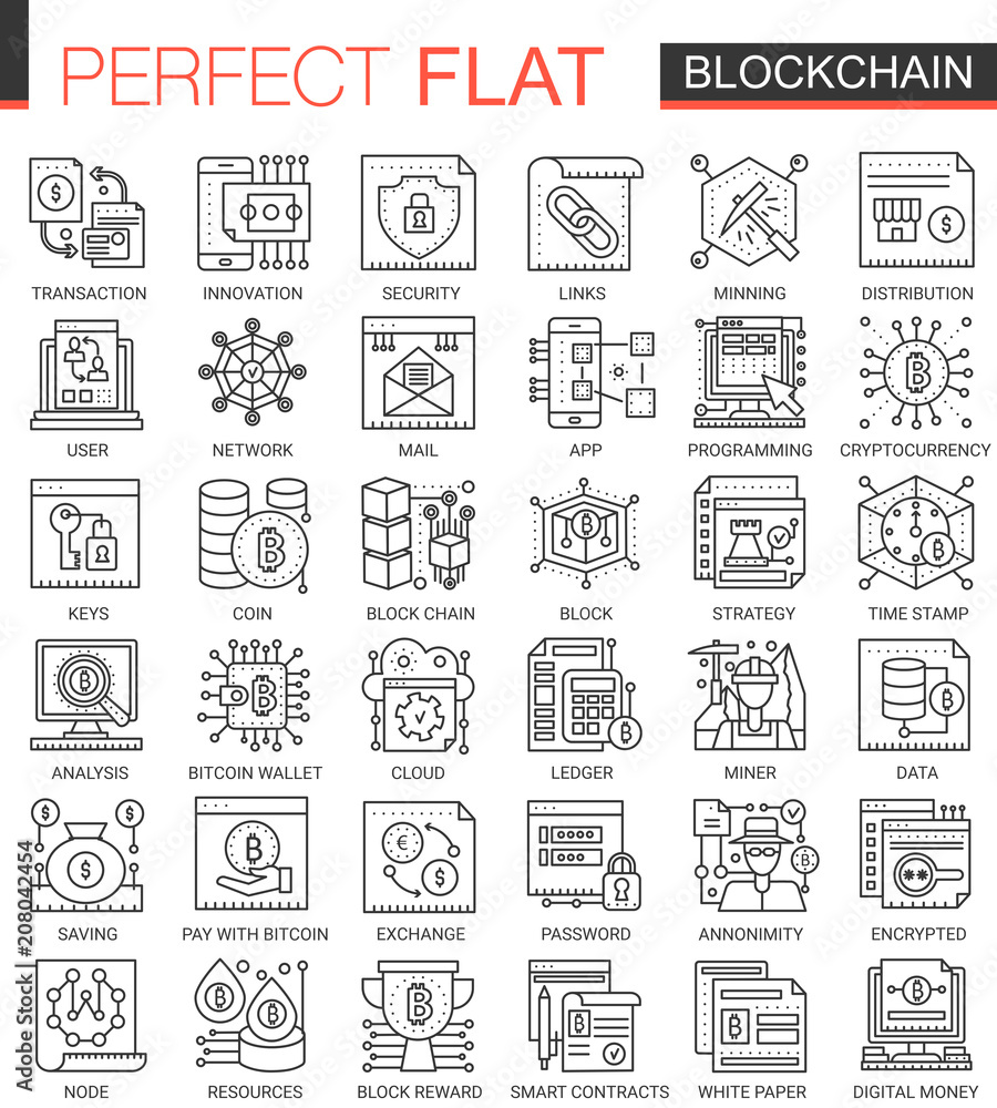 Poster blockchain outline mini concept symbols. bitcoin, ethereum cryptocurrency modern stroke linear style