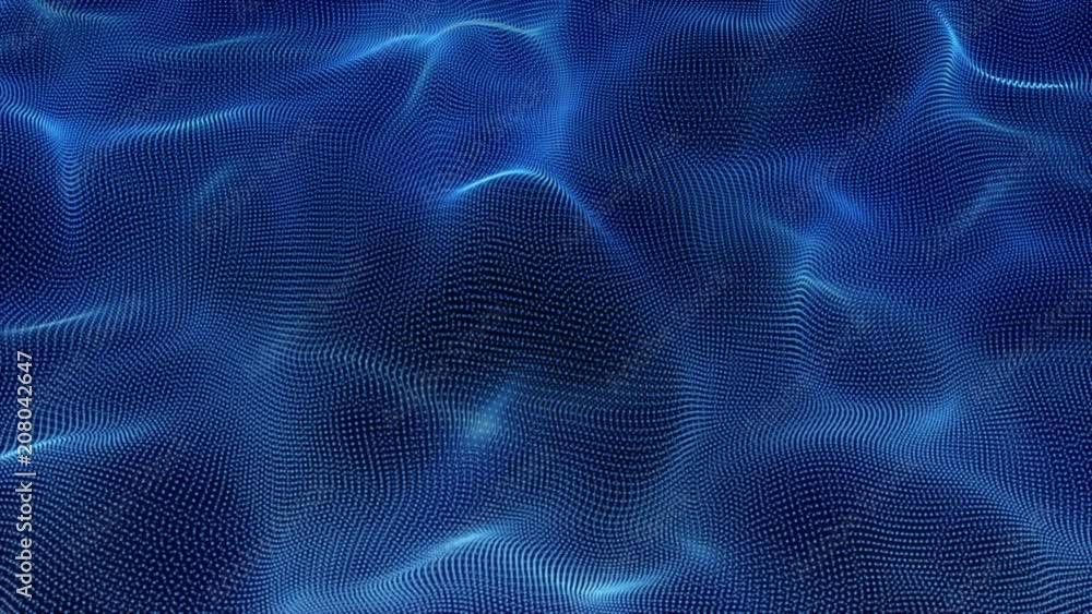 Poster abstract loopable blue cg motion waving dots texture with glowing defocused particles. cyber or tech