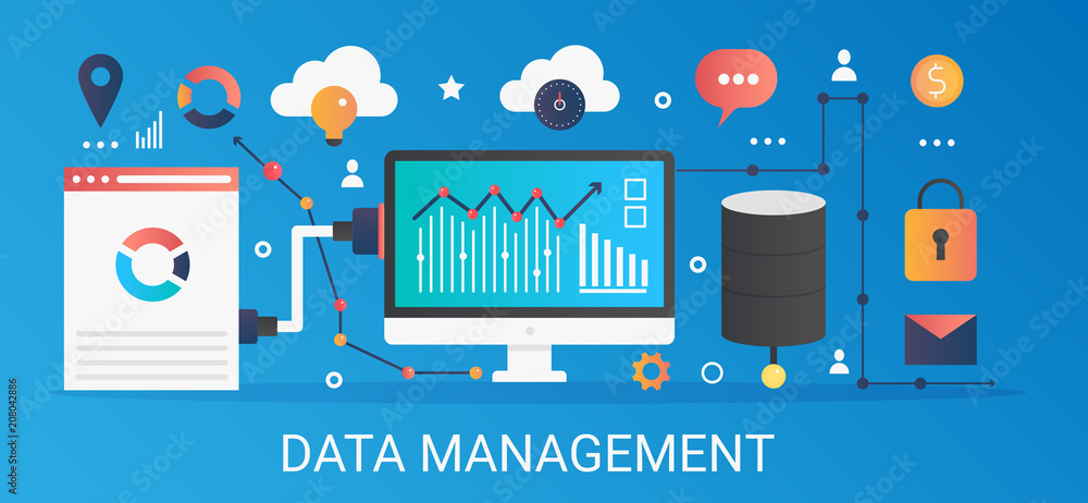 Leinwandbilder modern vector flat gradient data management concept template banner with icons and text.