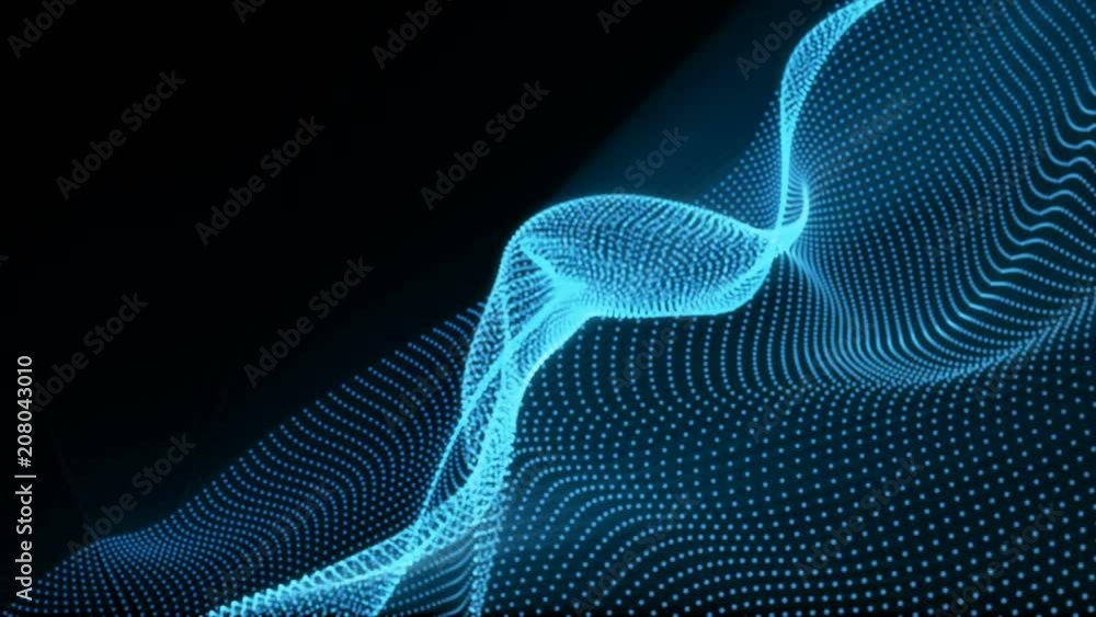 Poster abstract loopable blue cg motion waving dots texture with glowing defocused particles. cyber or tech