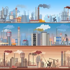 Set of realistic detailed Industrial web banner backgrounds. Vector industrial factory infographic templates.