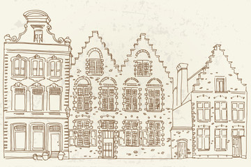 Fototapeta premium Vector sketch of Traditional architecture in the town of Bruges (Brugge), Belgium. Retro Style.