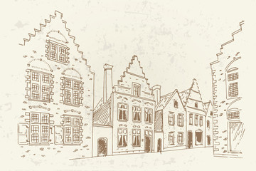 Vector sketch of Traditional architecture in the town of Bruges (Brugge), Belgium. Retro Style.