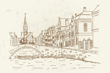 Fototapeta premium Szkic wektor tradycyjnej architektury w mieście Brugia (Brugge), Belgia. Styl retro.