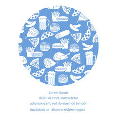 Beer, different types of food and fast food.