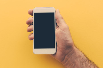 Smarthone with blank screen in male hand