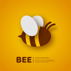 Paper cut style bee. Element for beekeeping and honey product design. Yellow background, vector illustration.