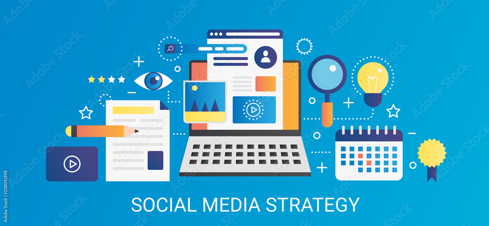 Poster modern vector flat gradient social media strategy concept template banner with icons and text.