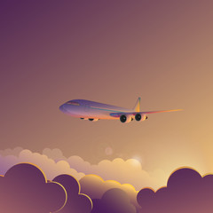 Airplane in sunset sunrise sky vector illustration poster banner.