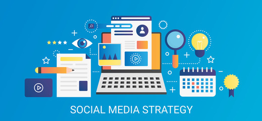 Modern vector flat gradient Social media strategy concept template banner with icons and text.