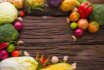 Vegetables on wood. Bio Healthy food, herbs and spices. Organic vegetables on wood