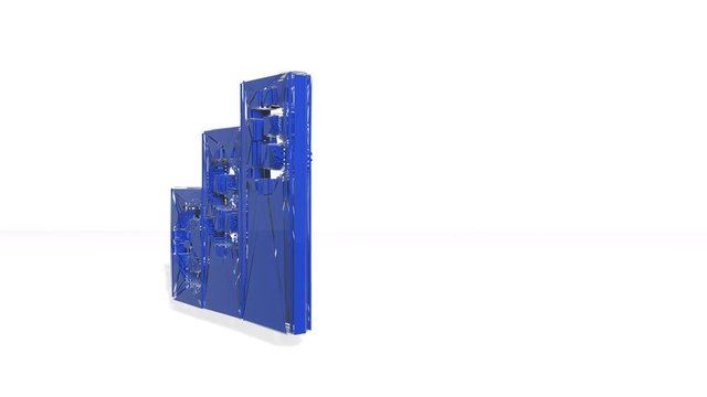 Sign of euro dollar bitcoin in columns. Financial background made of 3d poligons. Polygons rotate and are collected in a picture. Blue