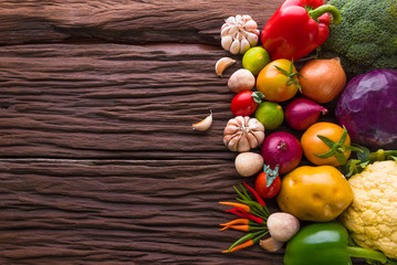 Vegetables on wood. Bio Healthy food, herbs and spices. Organic vegetables on wood