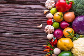 Vegetables on wood. Bio Healthy food, herbs and spices. Organic vegetables on wood