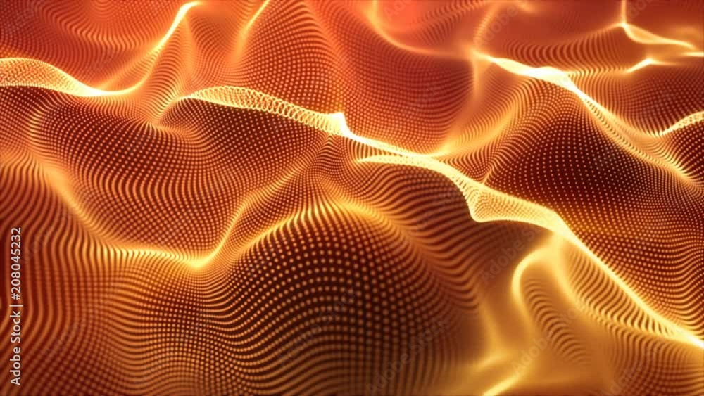 Poster abstract loopable gold cg motion waving dots texture with glowing defocused particles. cyber or tech
