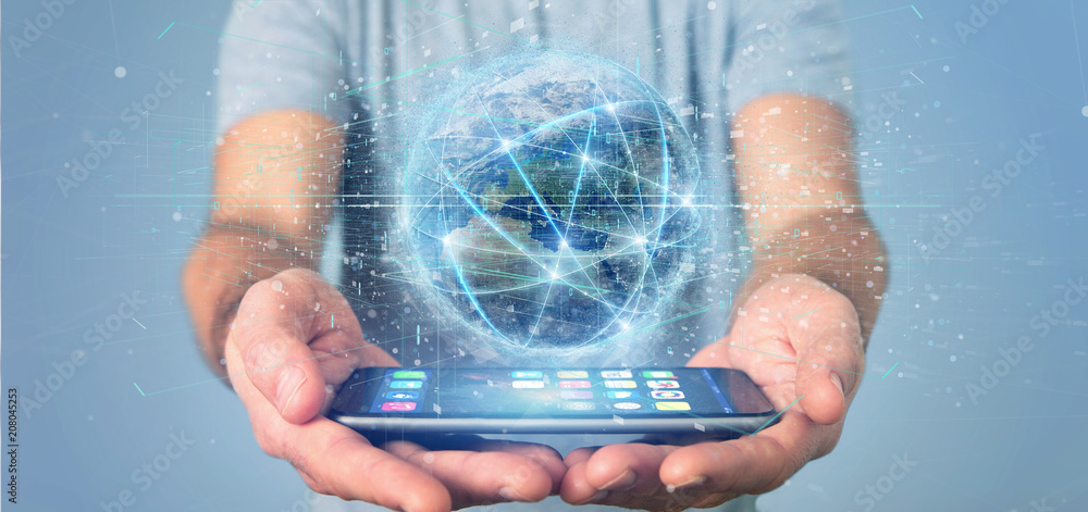 Poster man holding connection around a world globe isolated 3d rendering