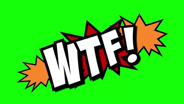 A comic strip speech cartoon animation with an explosion shape. Words: omg, wtf, lol. White text, red and yellow spikes, green background.
