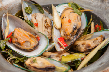 Fried mussel Basil food from Thailand.