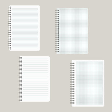 Set of four notepads with a binding from left side. Vector illustration
