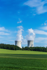 Nuclear power plant Temelin and green field in Czech Republic. Europe.