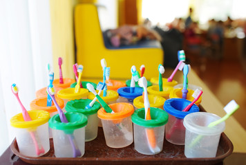 Colorful children's toothbrushes. Group of baby toothbrush prepare for use with children.