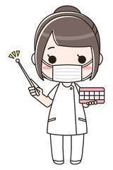 マスクを付けて歯磨き指導をする女性　全身　正面