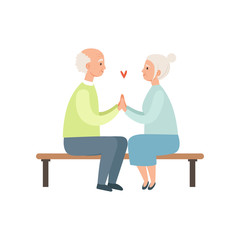 Senior man and woman sitting on a park bench, elderly romantic couple in love vector Illustration on a white background