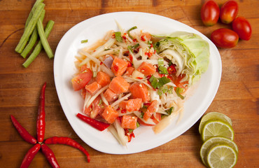 spicy papaya salad with fresh salmon - som tam thai food