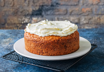 Homemade sour cream cake with cream cheese frosting on a white plate.