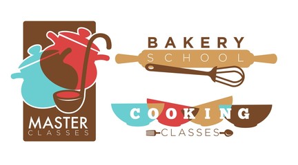 Cooking or bakery chef school vector icons