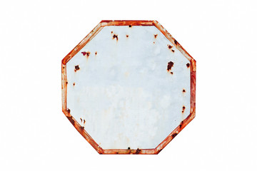 Rusty and grungy white and red old road empty traffic sign in octagon shape weathered under the...