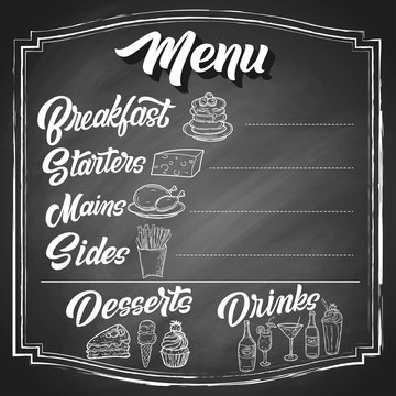 Hand drawn menu sketches with custom brush lettering, on black chalkboard background. Vintage vector restaurant design.