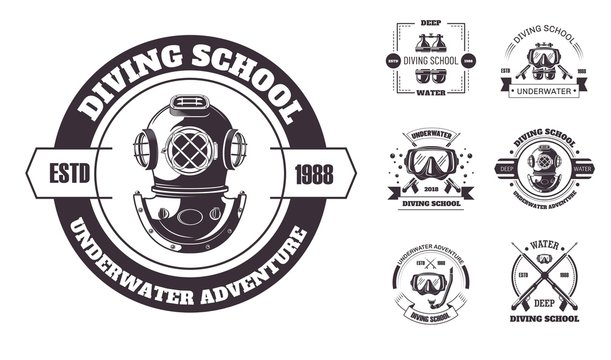 Diving school underwater adventure promo monochrome emblems set